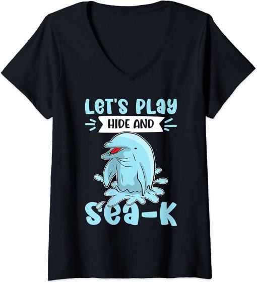 Womens Dolphins: Let"s Play Hide And Sea-k V-Neck T-Shirt