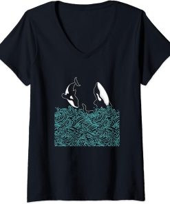 Womens Ocean Animal Orcas Sea Waves Aquarium Orca Whale Cute V-Neck T-Shirt