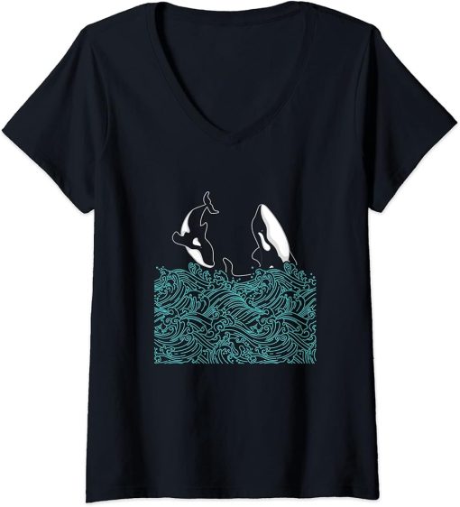 Womens Ocean Animal Orcas Sea Waves Aquarium Orca Whale Cute V-Neck T-Shirt