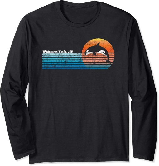 Vintage Whitehaven Beach, Retro 80s Orca Sunset Long Sleeve T-Shirt